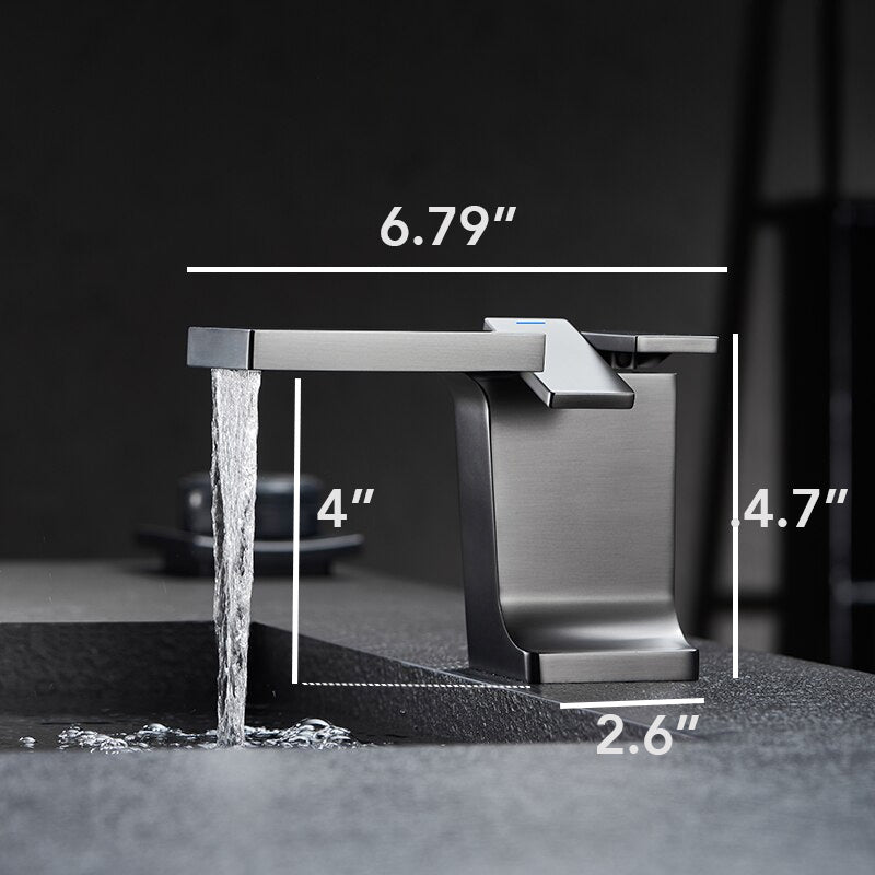 Dimensions of modern Square Bathroom Faucet, single hole, deck mounted, lever hot and cold handles