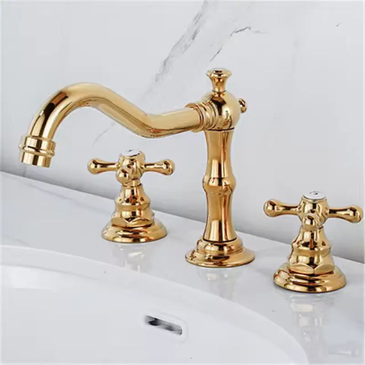 Vintage Gold Bathroom sink Faucet with cross handles, three hole, two handles