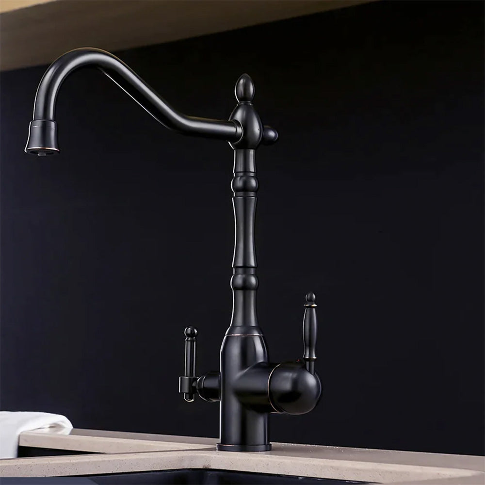 Antique Style Kitchen faucet with built in water filter shown in black