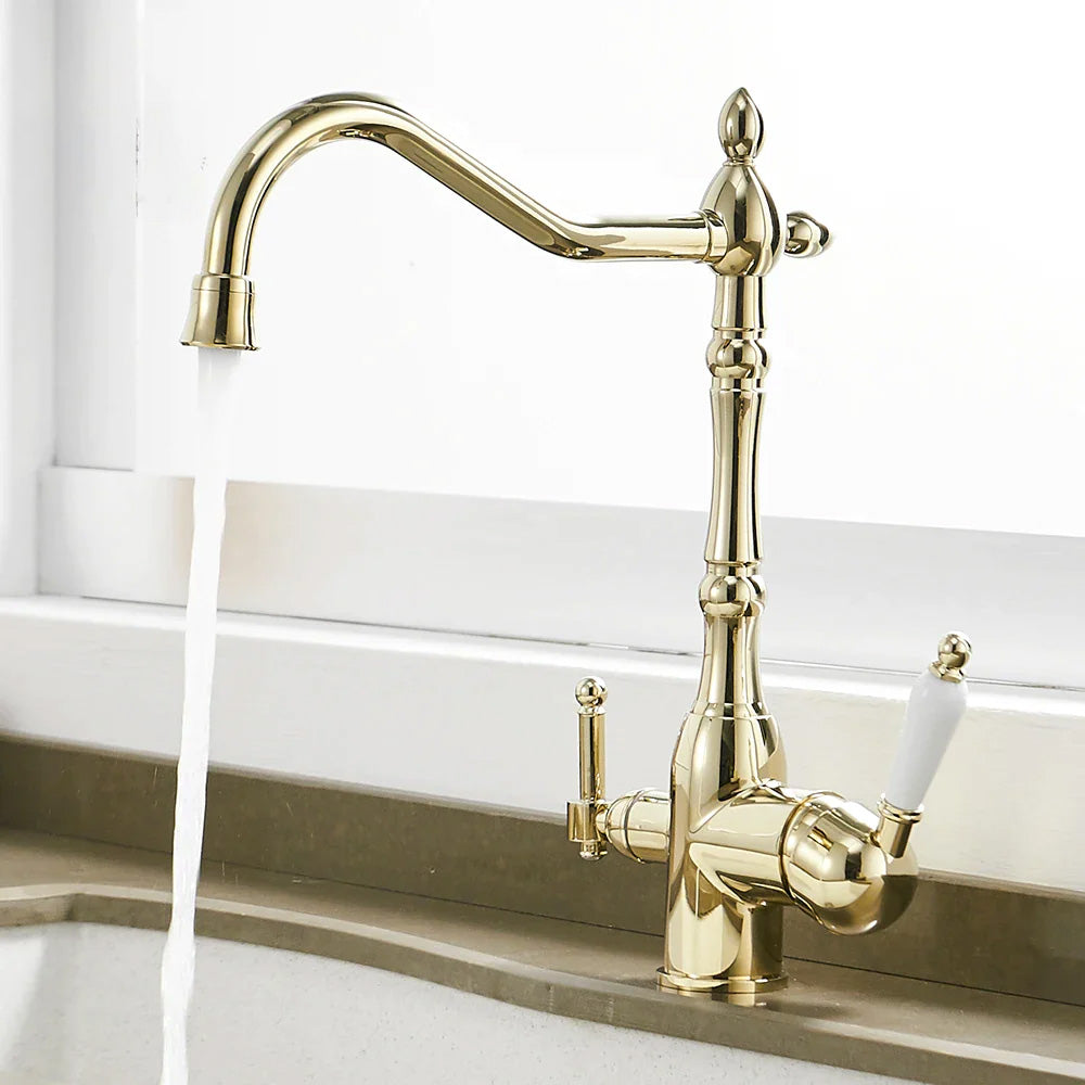 Antique style kitchen faucet with built in water filter spout shown in gold finish