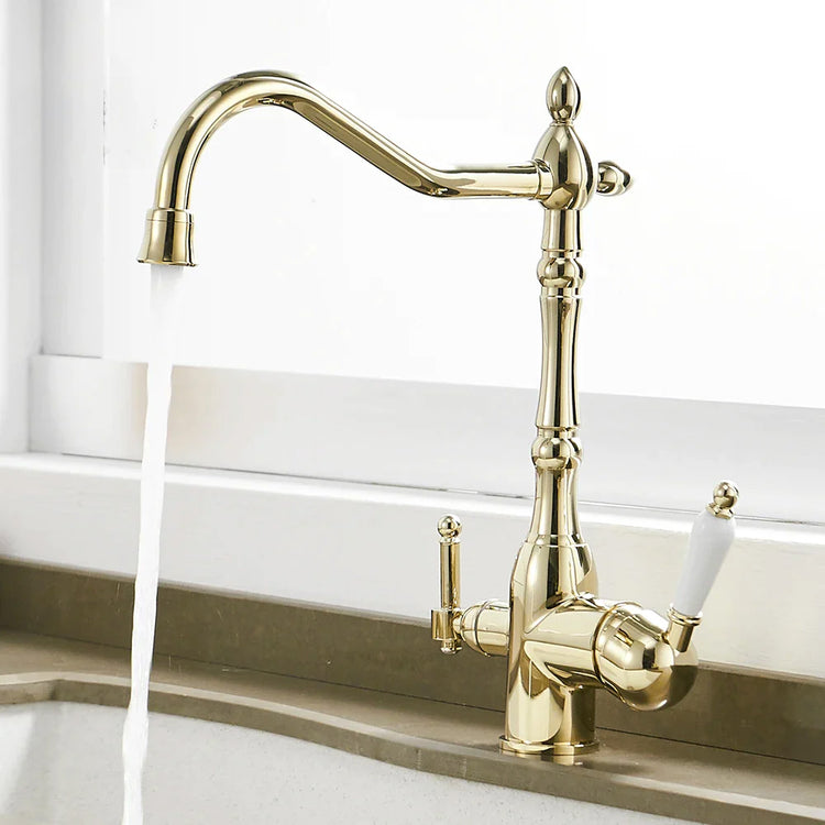 Antique Style Kitchen Faucet with built-in water filter spout shown in Gold finish, single hole, single handle