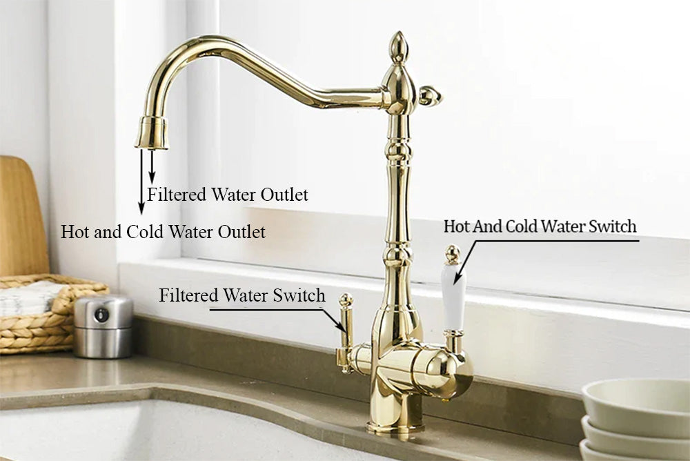 Detailed image of antique style kitchen faucet with built in water filter spout