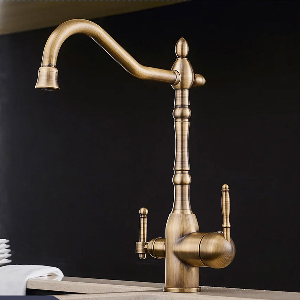 Antique Style Kitchen faucet with built in water filter shown in Antique Gold Finish
