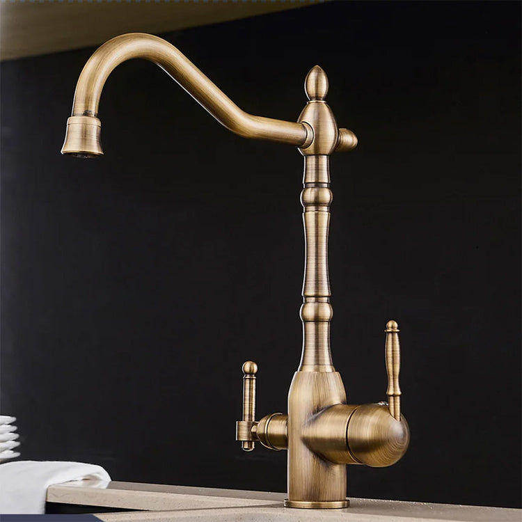 Antique Style Kitchen Faucet with built-in water filter spout shown in Antique Gold finish, single hole, single handle