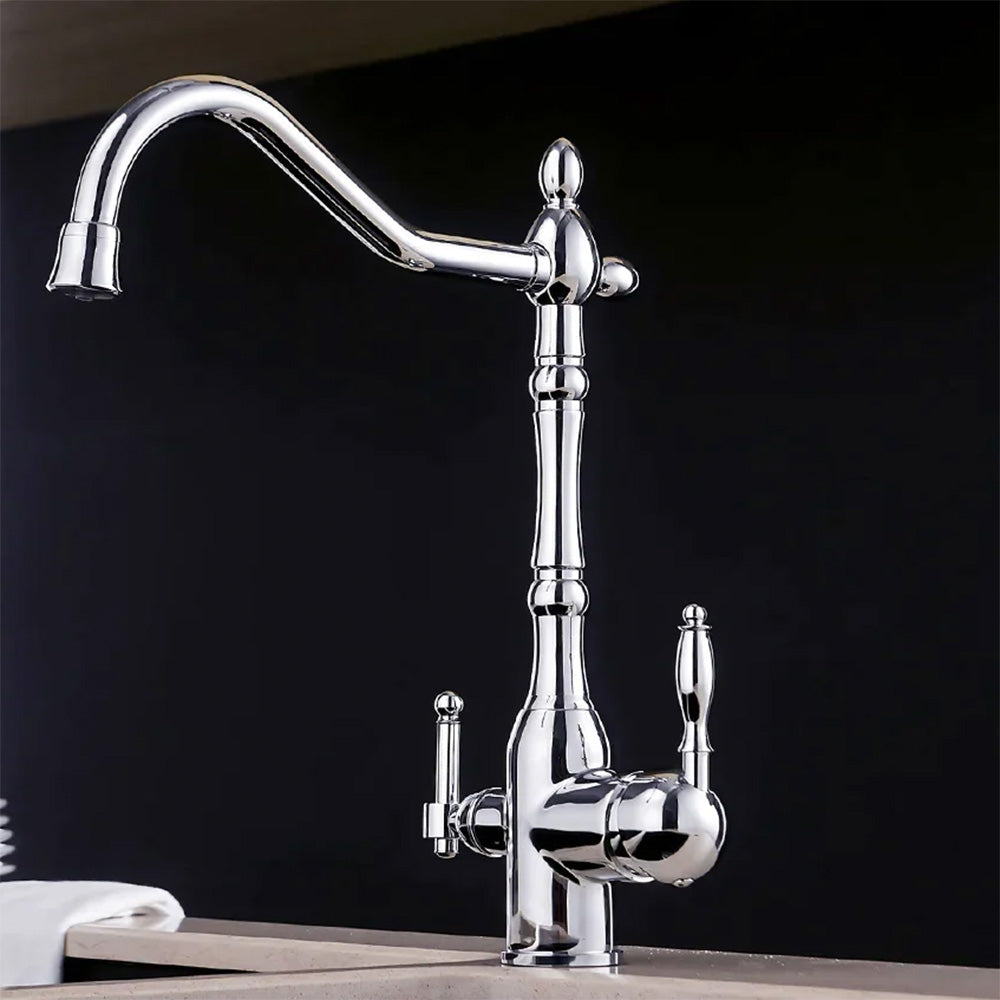 Antique Style Kitchen faucet with built in water filter shown in chrome