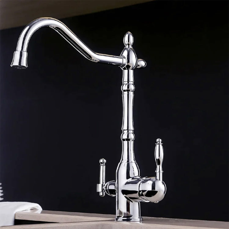 Chrome antique kitchen faucet with built in water filter spout shown in Chrome finish