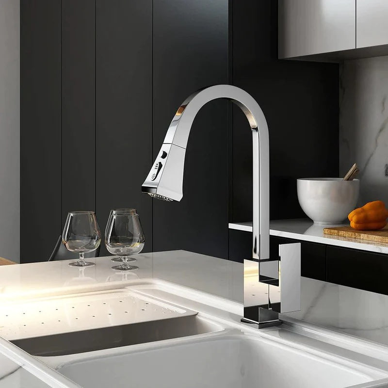 modern square kitchen faucet shown in polished chrome with pull down sprayer