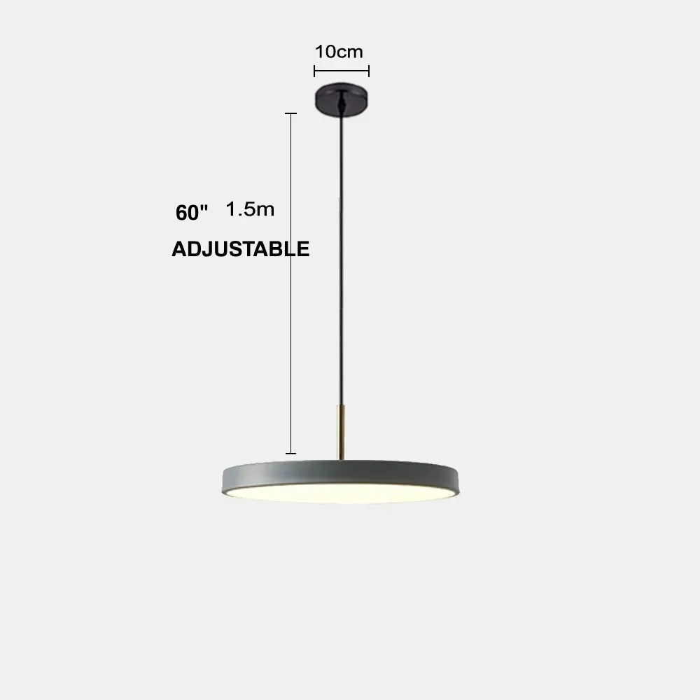 Dimensions of minimalist flat pendant light shown in gray finish