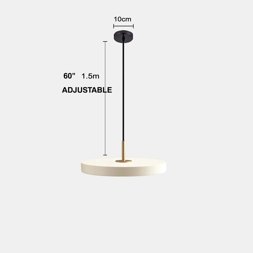 Dimensions of minimalist flat pendant light shown in white finish