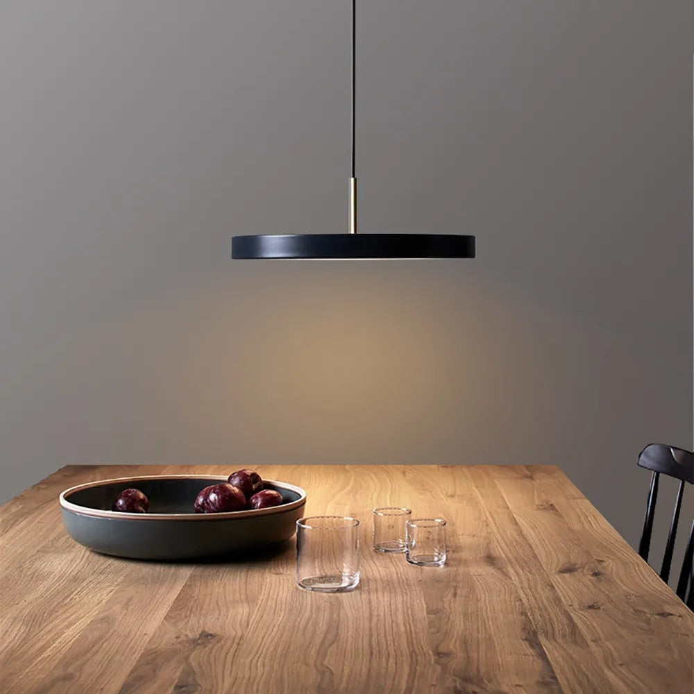 Black minimalist hanging pendant light in flat saucer shape