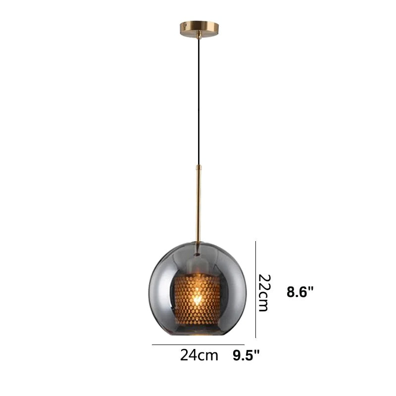 smoky gray glass pendant globe light with honeycomb interior shade shown in size medium