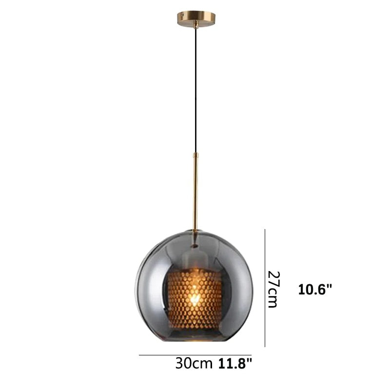 smoky gray glass pendant globe light with honeycomb interior shade shown in size large size