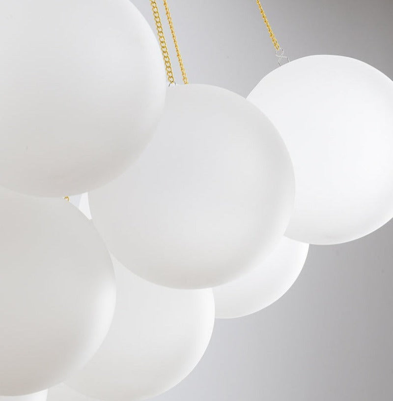 Close up of glass globes of modern bubble chandelier