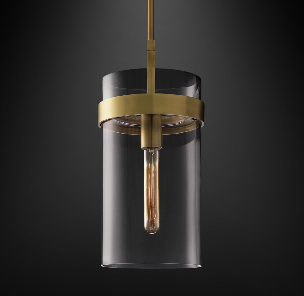 modern cylindrical Glass Pendant with brushed gold hardware