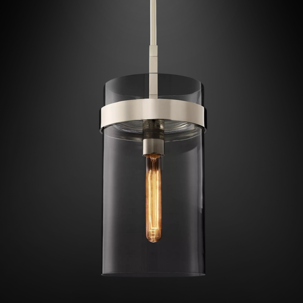 modern cylindrical Glass Pendant with brushed nickel hardware