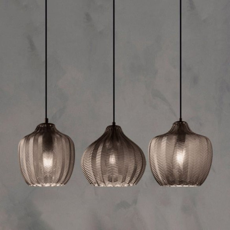 Chevron Patterned Textured Glass Pendant Lights in smoke Tint