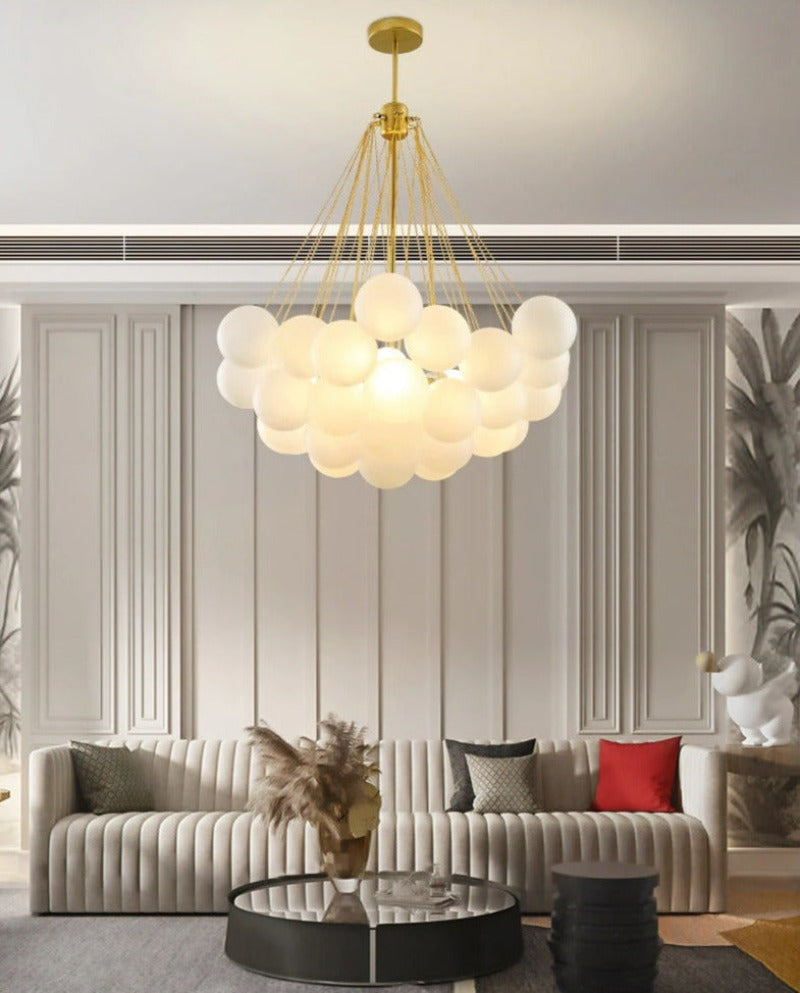 modern multi-globe bubble chandelier with gold hardware in large 37 bulbs