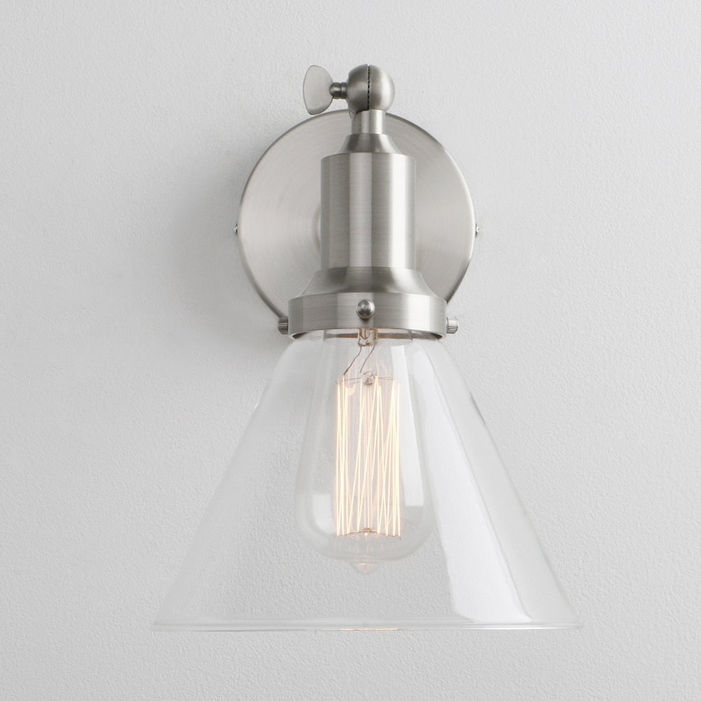 vintage wall sconce with clear glass cone shade with brushed nickel finish