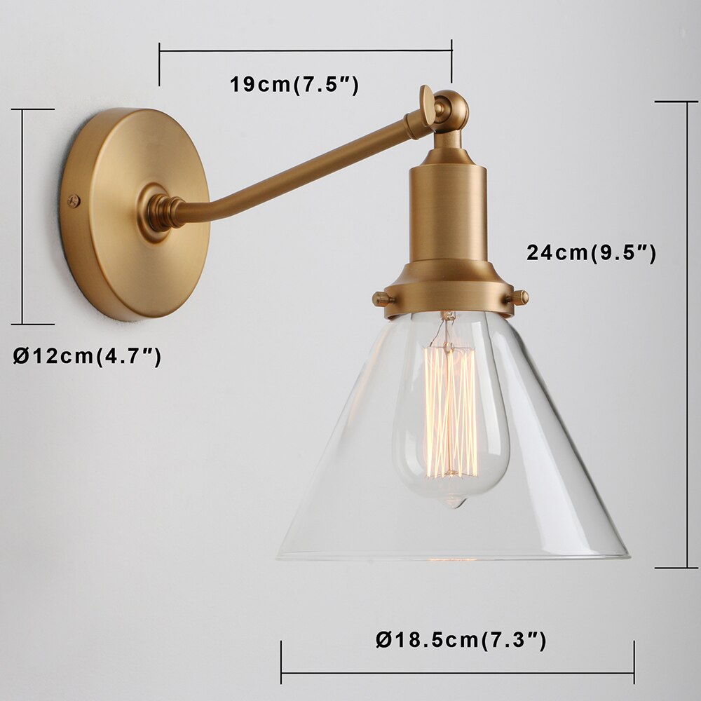 Diimensions of Vintage Style Wall sconce with clear glass cone shade