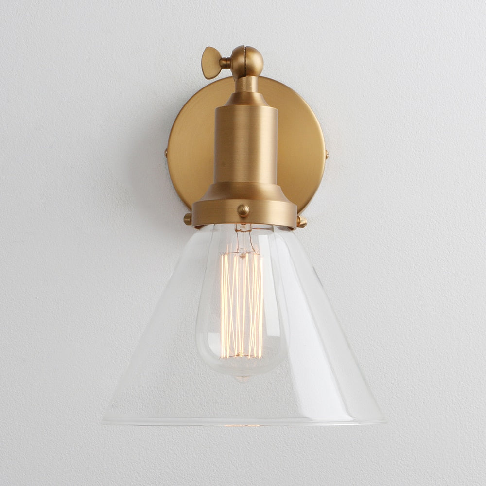 Retro Vintage Wall Sconce in Brushed Gold Finish shown with clear glass cone shade