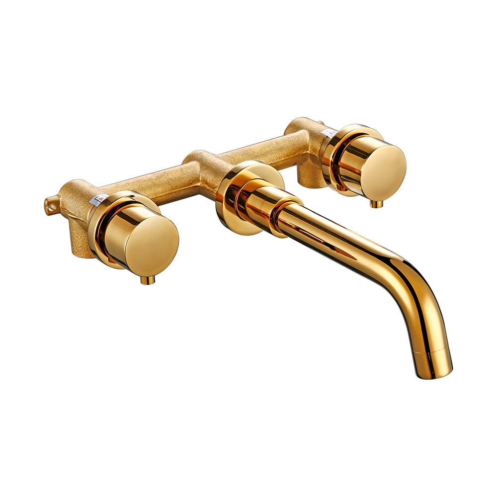 Details of Contemporary wall mounted bathroom faucet shown in polished gold