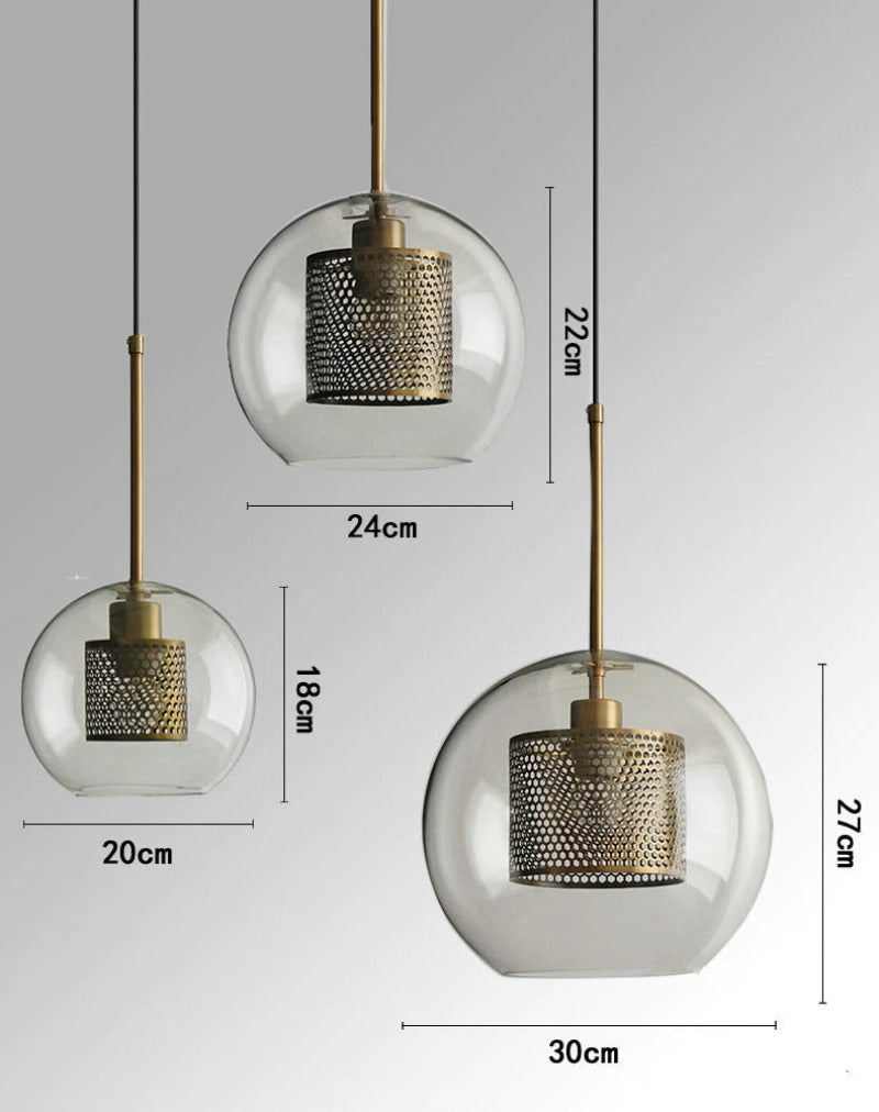 Dimensions of clear glass pendant lights with interior honeycomb shade shown in brushed gold finish