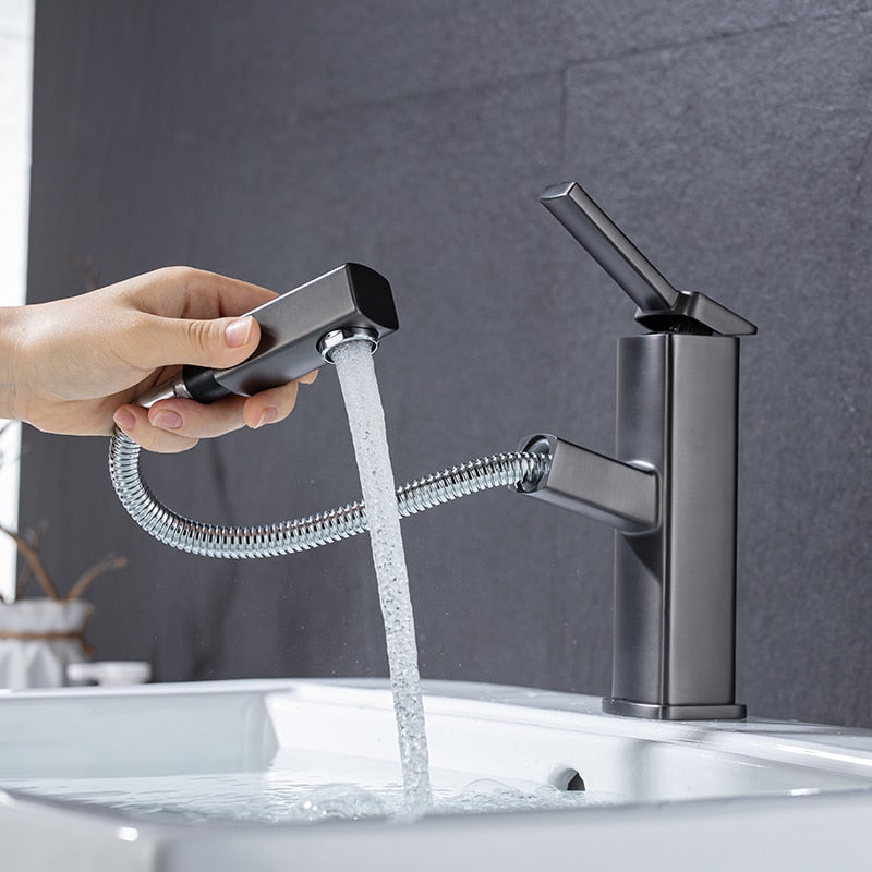 single hole modern bathroom faucet with pull out sprayer in matte black finish