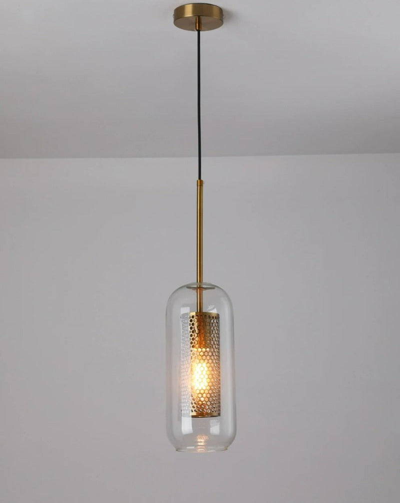 clear glass oblong pendant lights with interior honeycomb shade shown in brushed gold finish