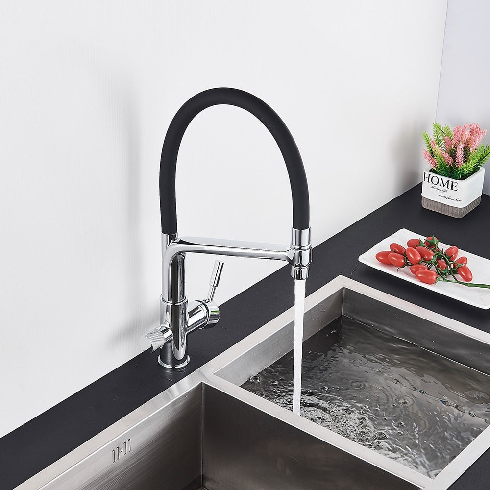 Kitchen Faucet with built in water filter in Chrome and Black shown in black