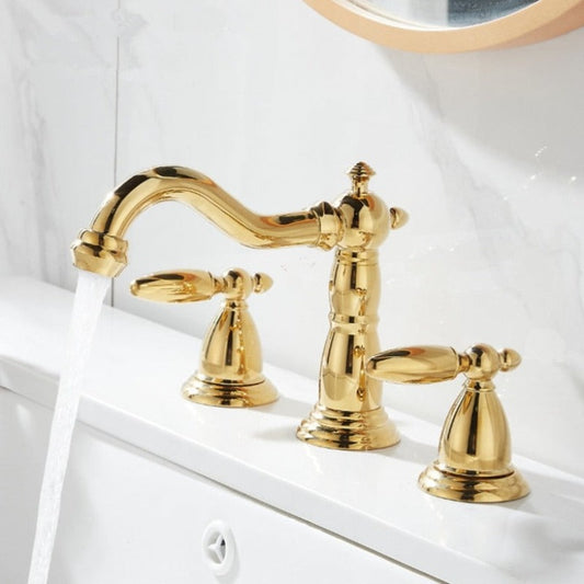 Elegant Antique style gold bathroom faucet three hole, two handle in gold