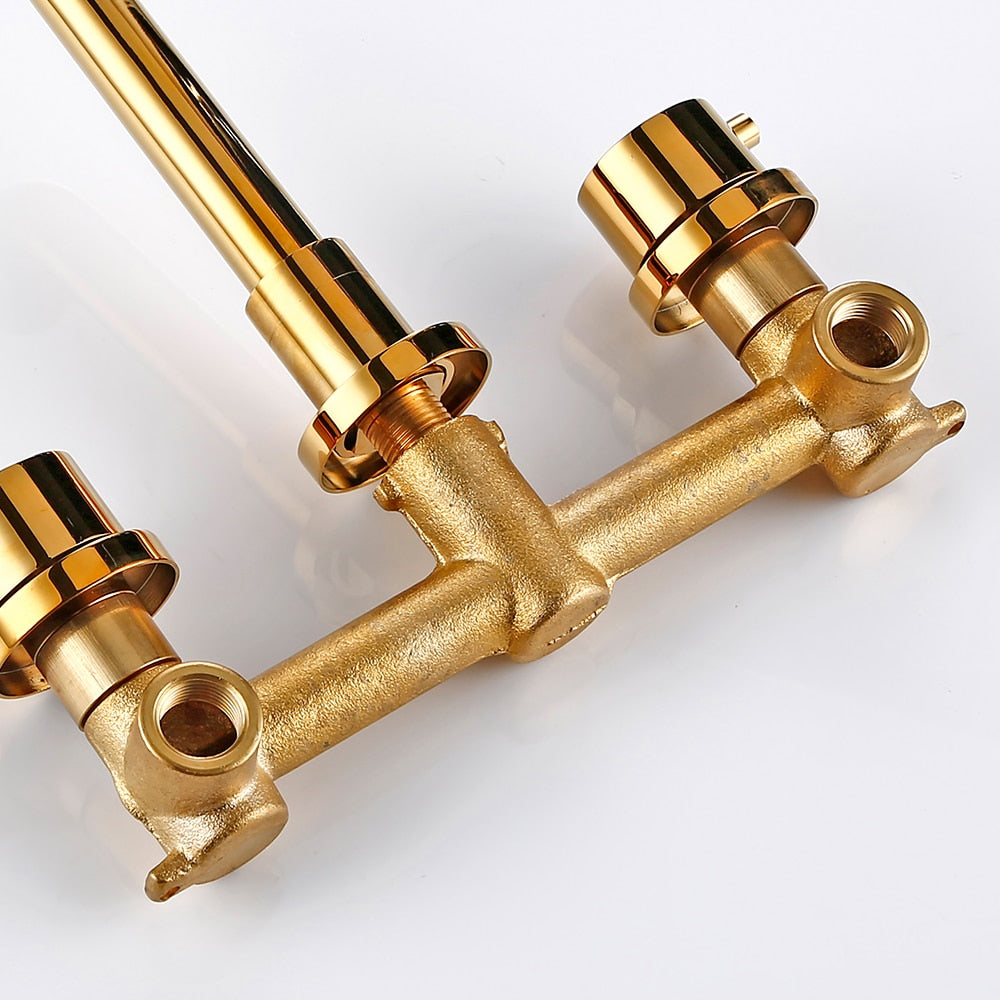 Caris Contemporary Wall Mount Bathroom Faucet in Polished Gold