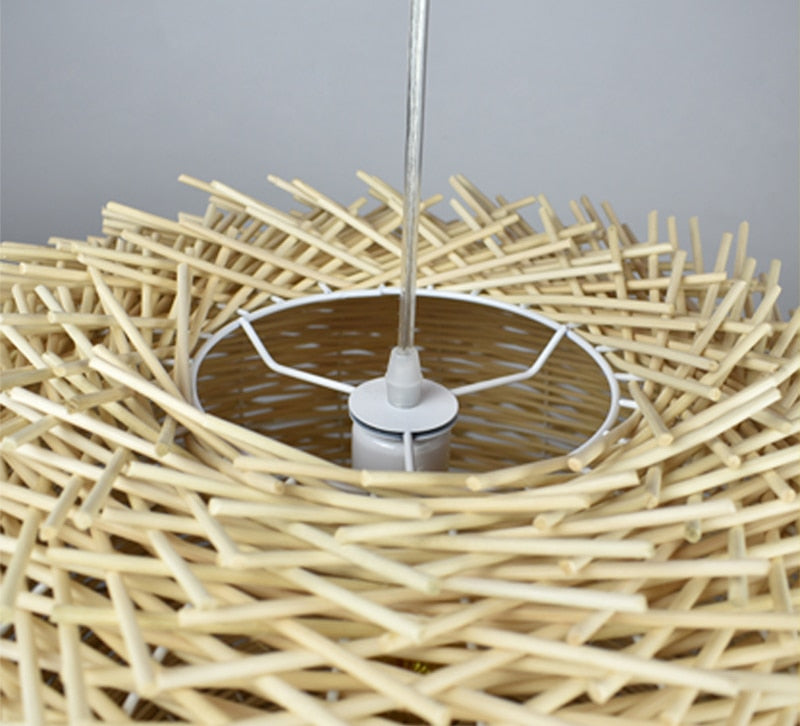Details of the weaving of Hand Woven Rattan birds nest hanging pendant light in natural