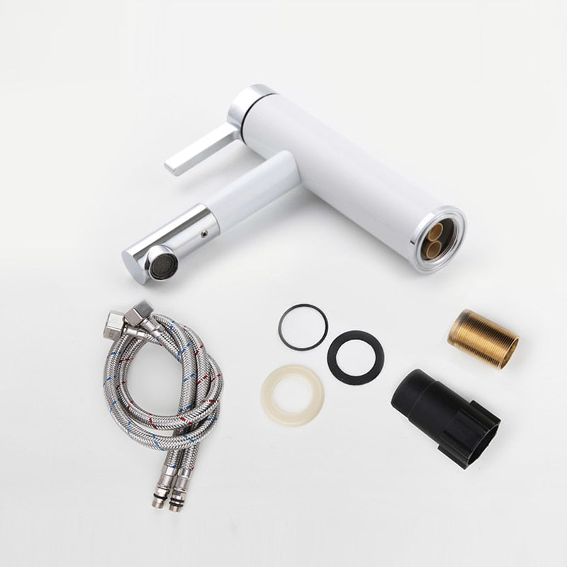 Assembly parts for European Style bathroom Faucet with 360 Degree revolving Water spout shown in white and chrome