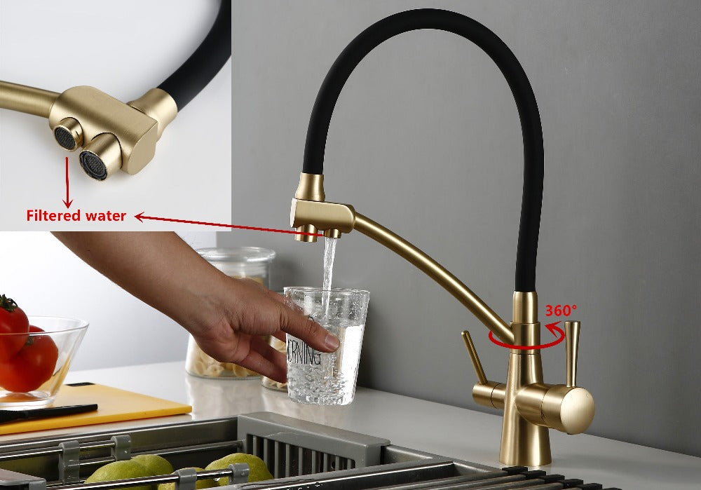 Black and gold kitchen faucet with built in filtered water diverter