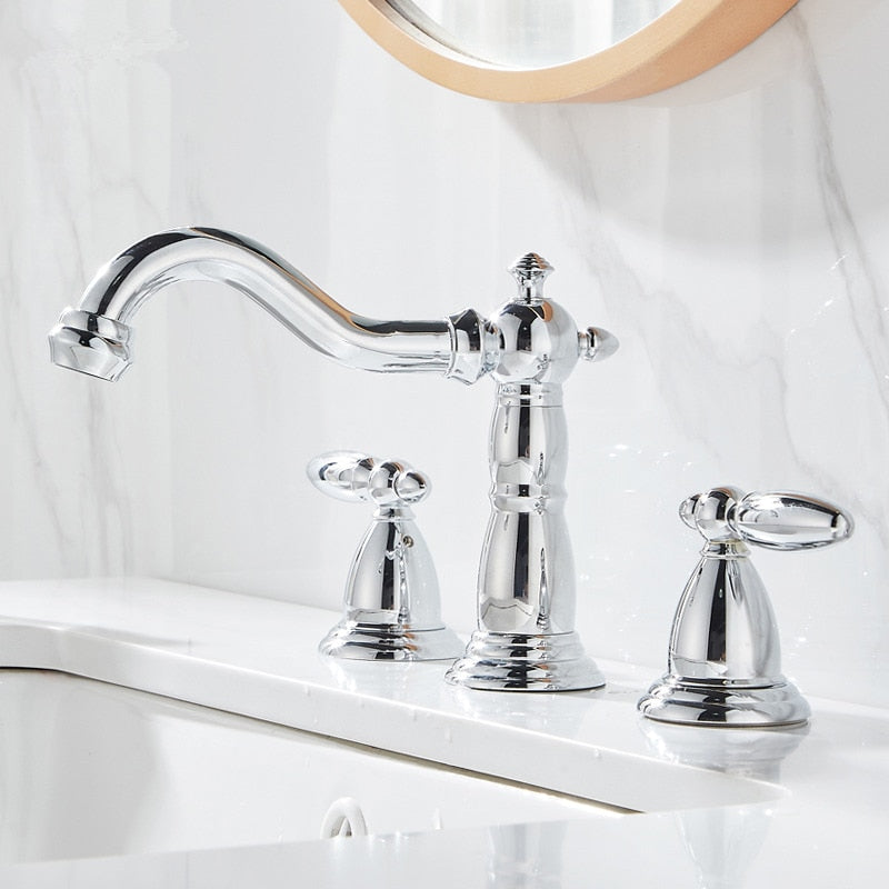 Elegant antique style widespread chrome bathroom faucet, three hole, two handle