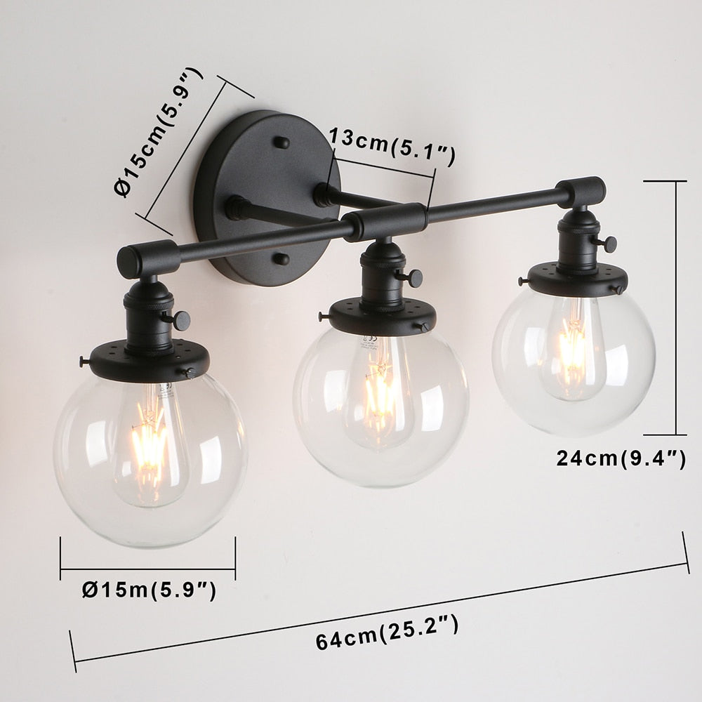 Dimensions of Three Light Bathroom Vanity Lighting with Clear Glass Globes shown in matte black