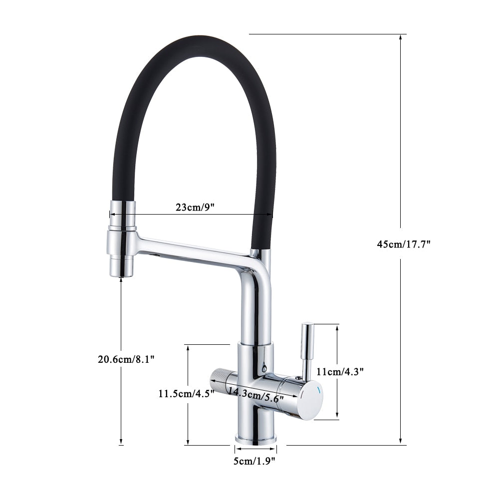 Dimensions of Kitchen Faucet with built in water filter in Chrome and Black