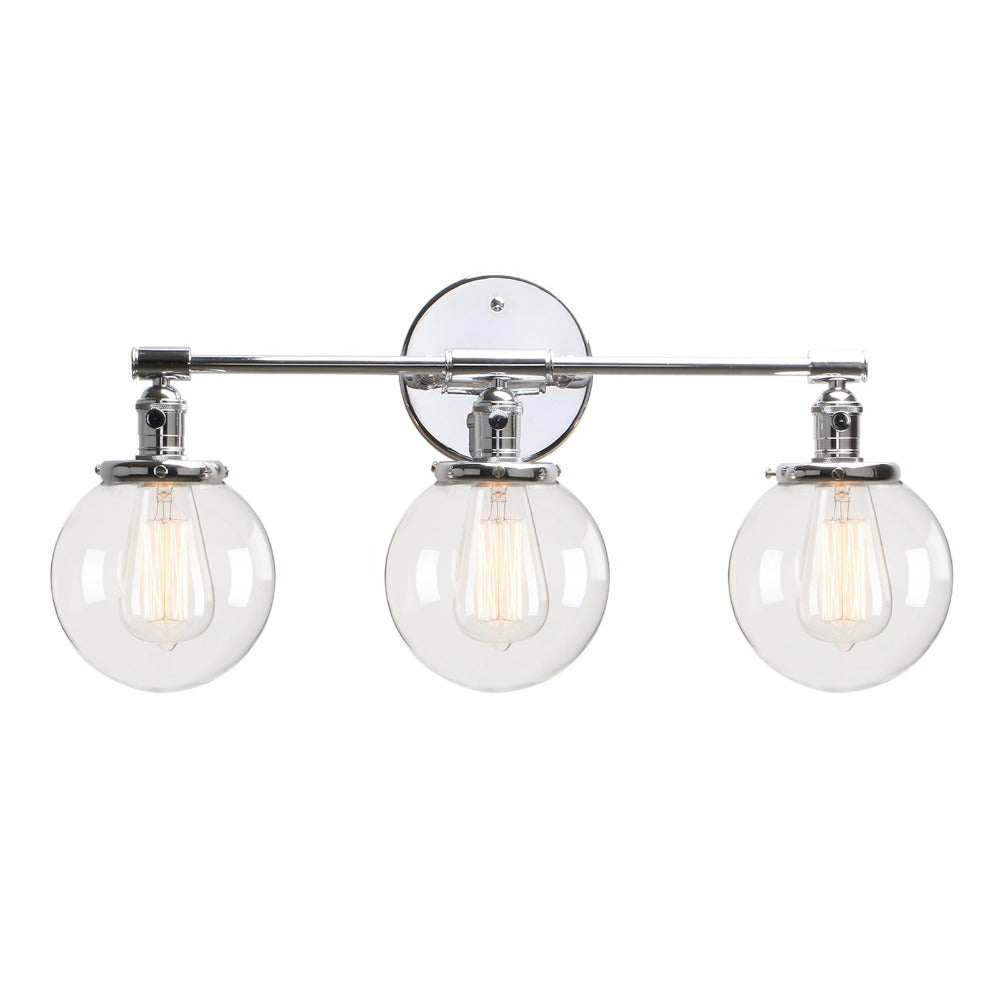 Three Light Bathroom Vanity Lighting with Clear Glass Globes shown in polished chrome