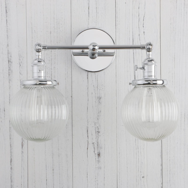 Vintage Double Wall Sconce with clear ribbed glass globes shown in chrome finish with lights off