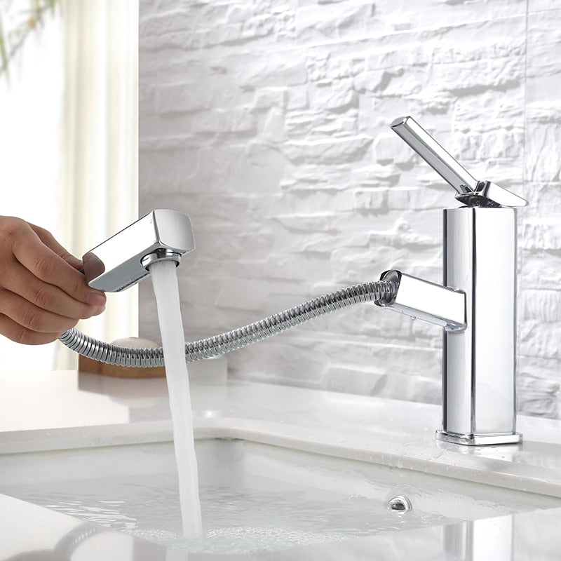 single hole modern bathroom faucet with pull out sprayer in chrome finish