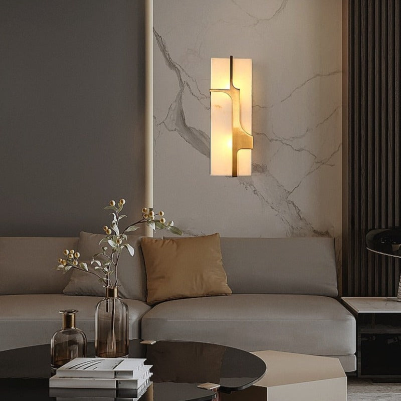 marbled glass wall sconce shown in living room