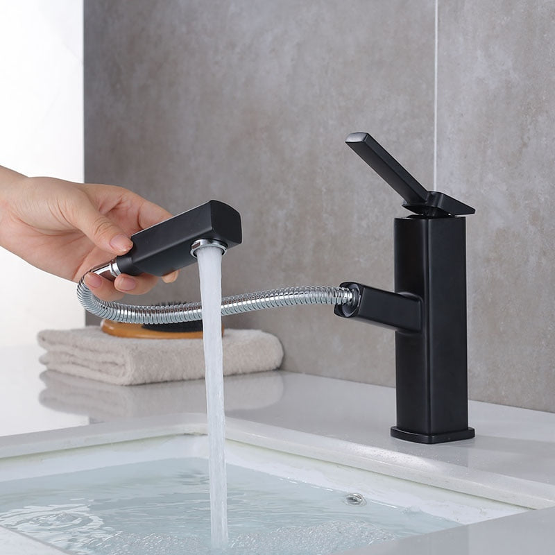 single hole modern bathroom faucet with pull out sprayer in black finish