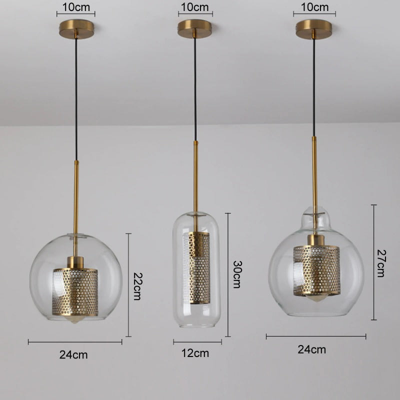 Dimensions of clear glass pendant lights with interior honeycomb shade shown in brushed gold finish