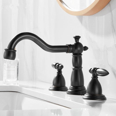 Matte Black Bathroom faucet. Elegant Vintage Style bathroom faucet, three hole, two handle