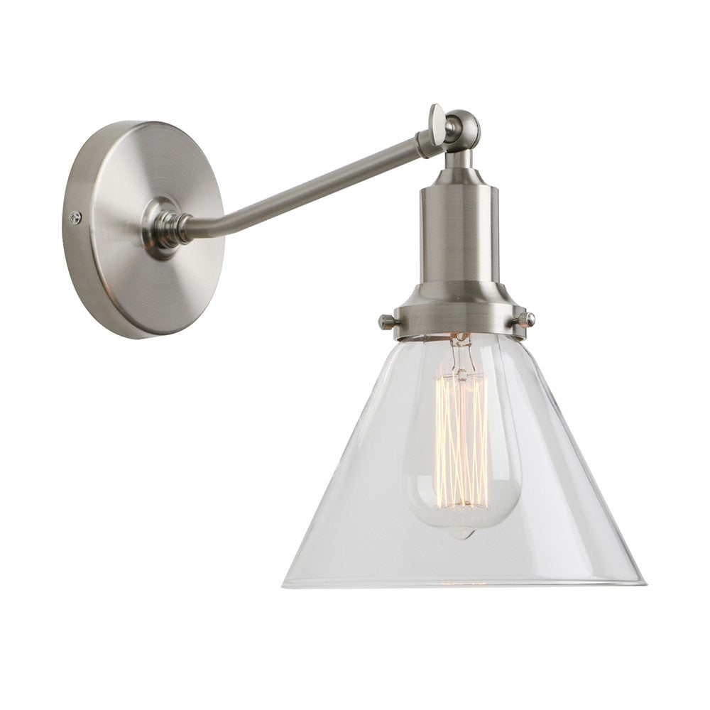 Retro Vintage Wall Sconce in Brushed nickel Finish shown with clear glass cone shade