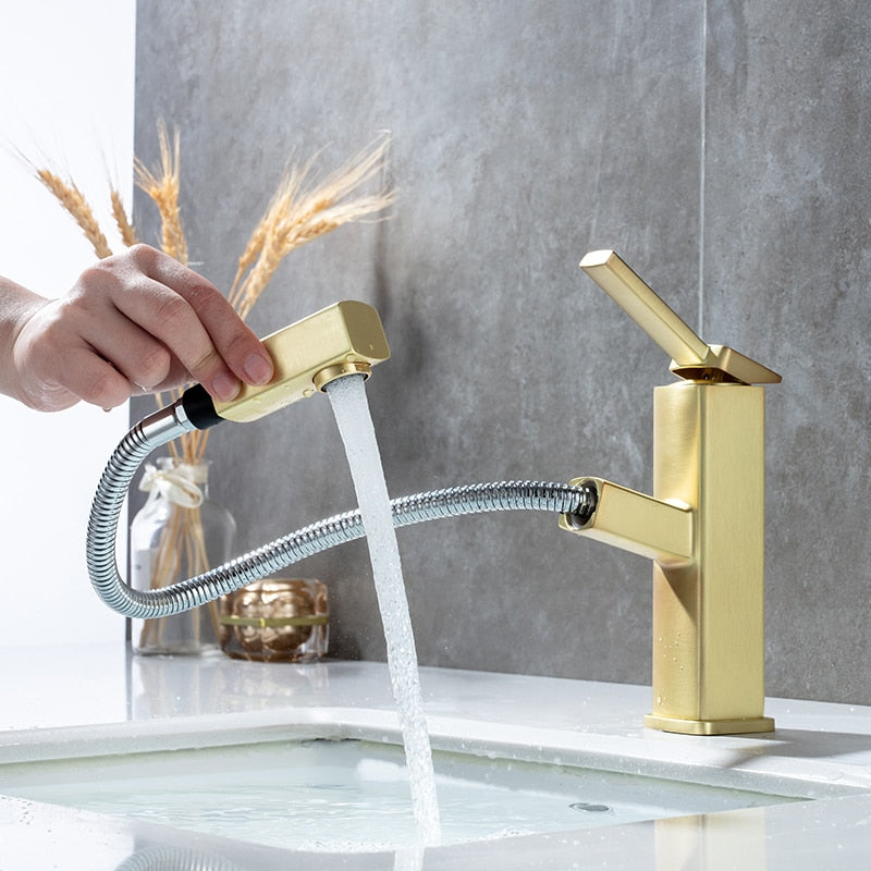 single hole modern bathroom faucet with pull out sprayer in brushed gold