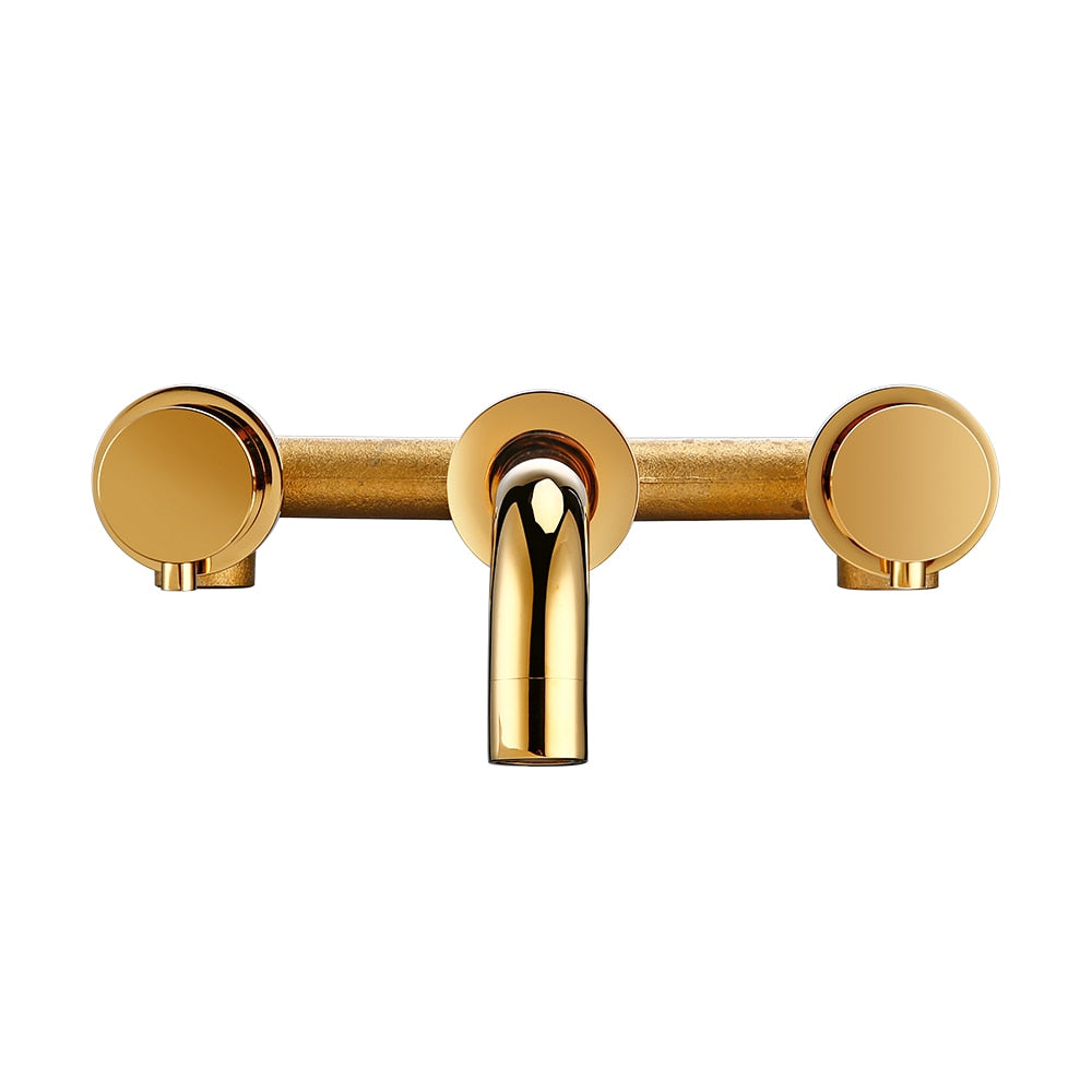 Front view of contemporary wall mounted bathroom faucet shown in polished gold