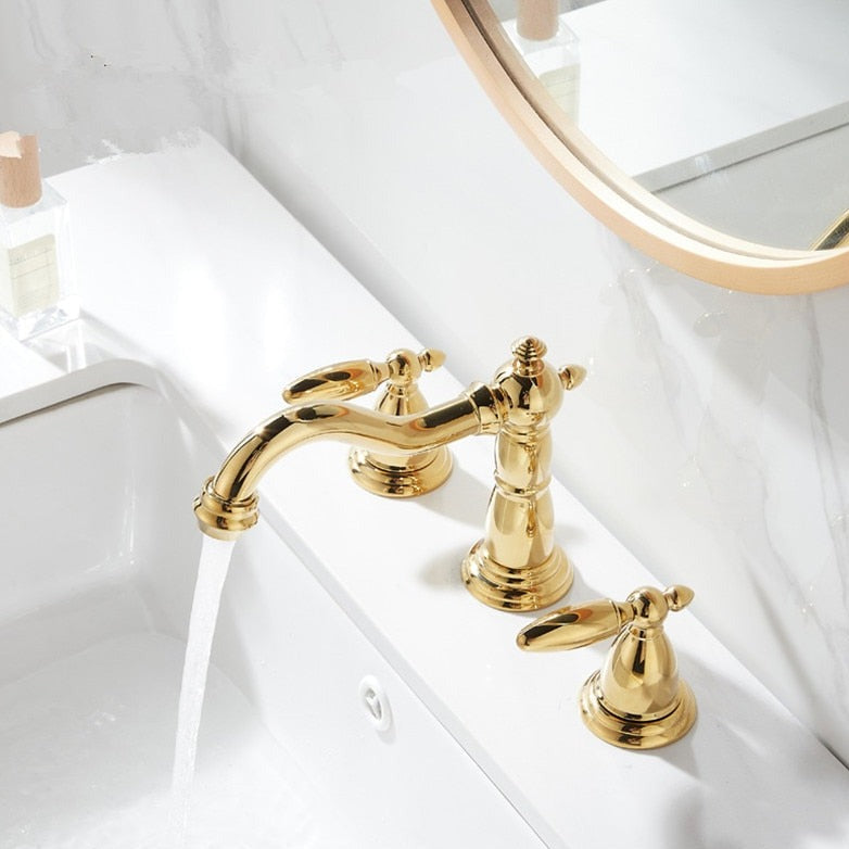 Elegant Vintage gold bathroom faucet, three hole, two handle