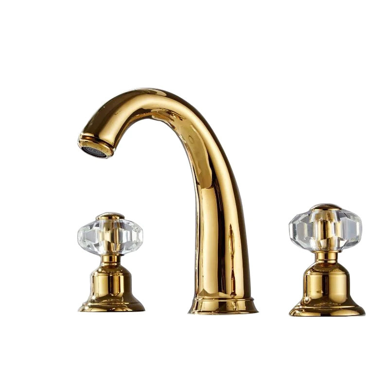 Gold Bathroom Faucet, three hole, widespread, deck mounted with faceted crystal handles