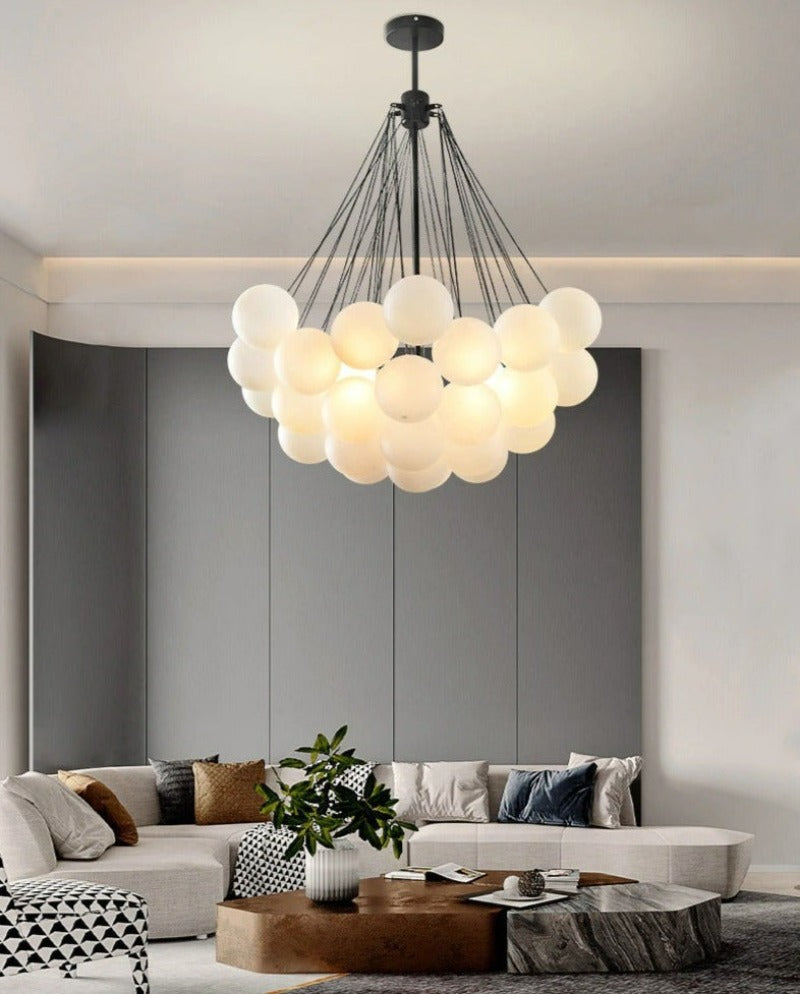 Contemporary multi-globe bubble chandelier with black hardware in large 37 bulbs